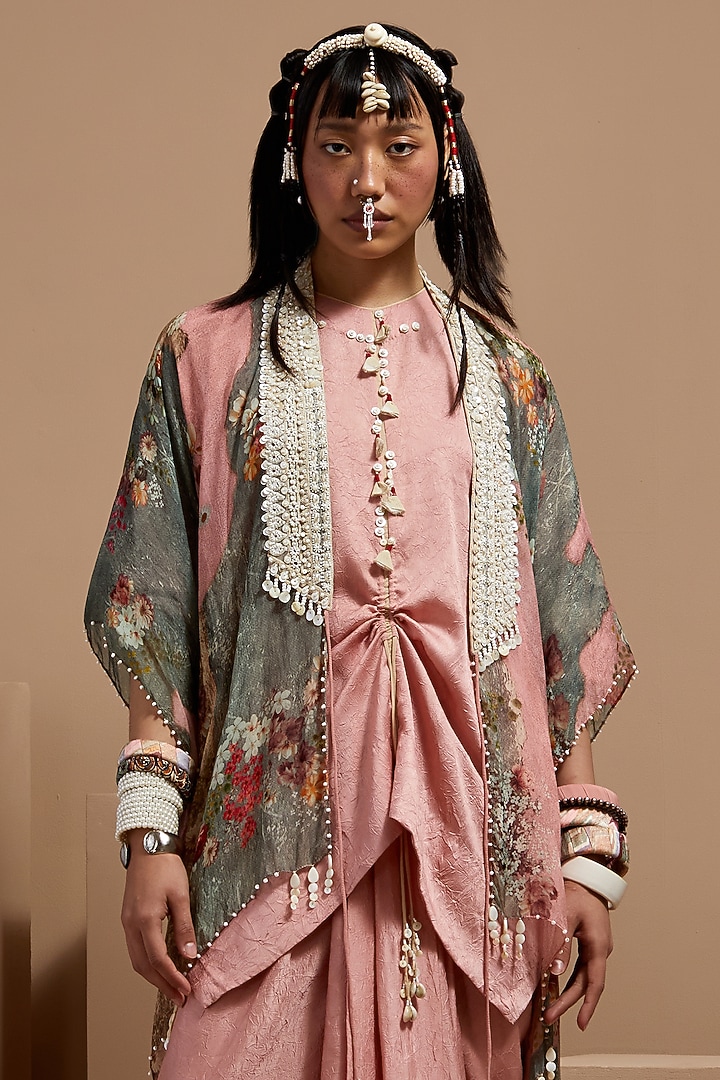Shell Pink Sheer Silk Printed & Embroidered Jacket Set by ASEEM KAPOOR at Pernia's Pop Up Shop