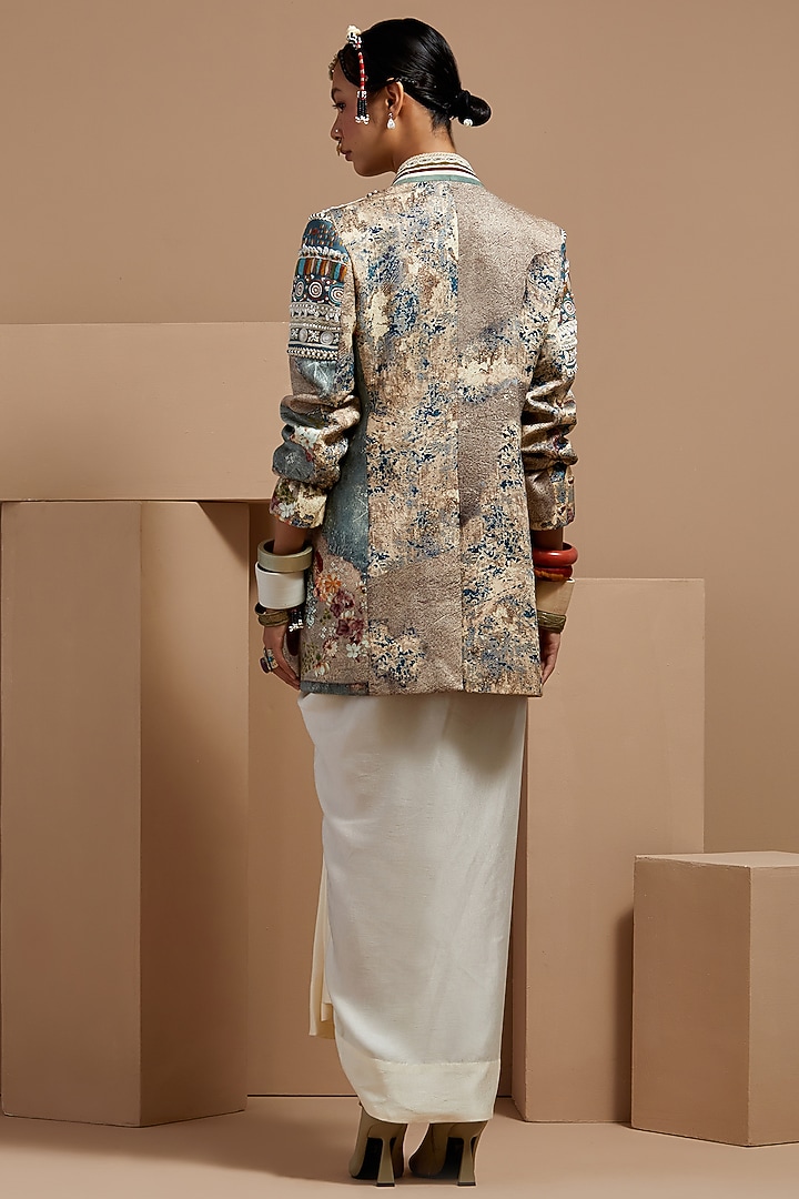 Multi-Colored Mushroom Twill & Slub Satin Embroidered Jacket by ASEEM KAPOOR at Pernia's Pop Up Shop