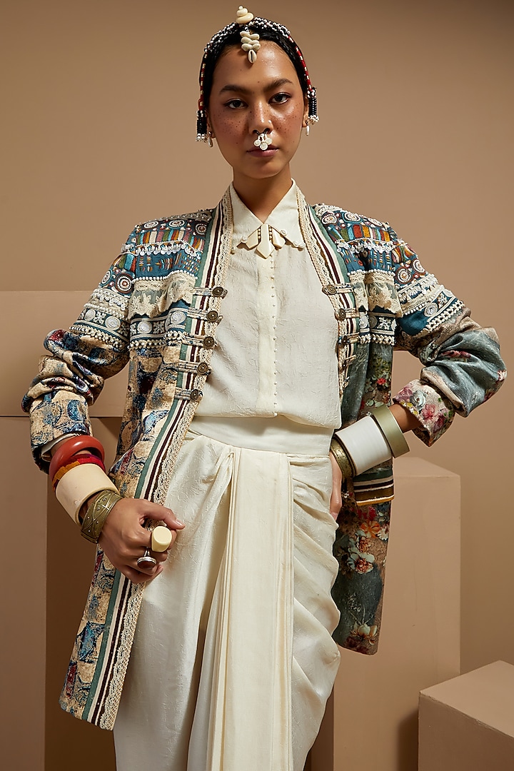 Multi-Colored Mushroom Twill & Slub Satin Embroidered Jacket by ASEEM KAPOOR at Pernia's Pop Up Shop