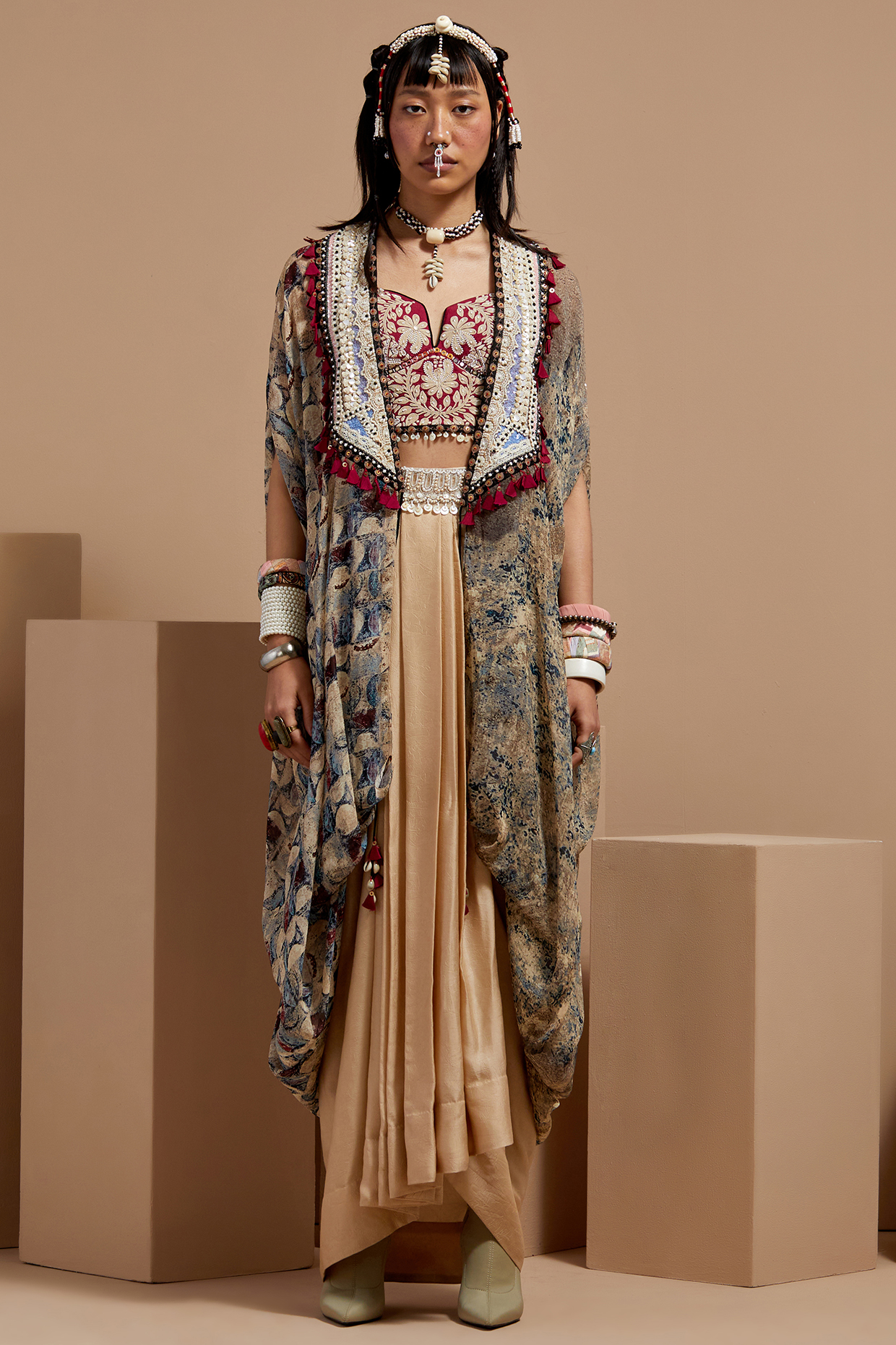 Multi-Colored Sheer Silk Embroidered & Printed Jacket Set by ASEEM KAPOOR at Pernia's Pop Up Shop