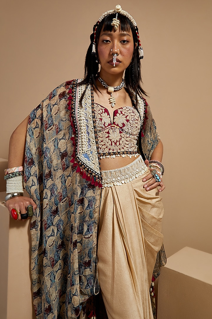 Multi-Colored Sheer Silk Embroidered & Printed Jacket Set by ASEEM KAPOOR at Pernia's Pop Up Shop