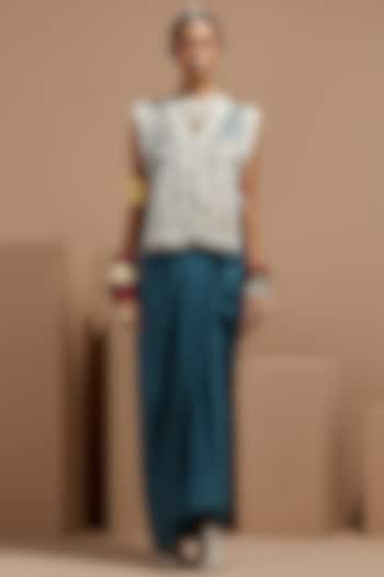 Dull Teal Crushed Silk Skirt Set by ASEEM KAPOOR at Pernia's Pop Up Shop