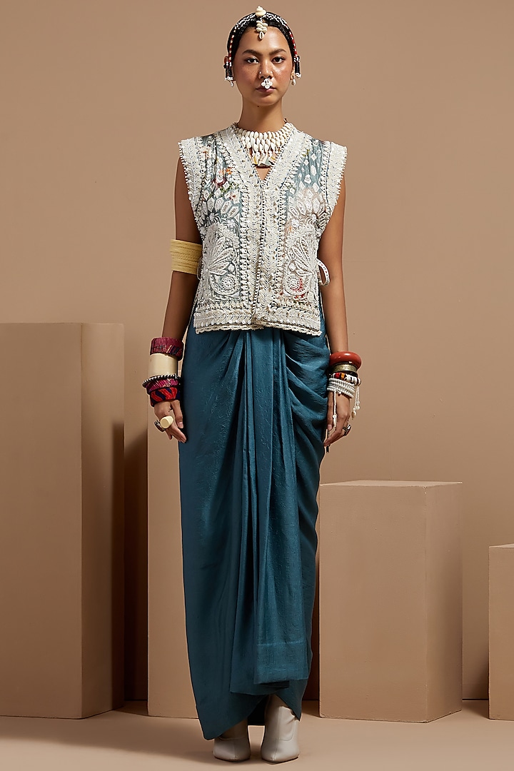 Dull Teal Crushed Silk Skirt Set by ASEEM KAPOOR at Pernia's Pop Up Shop