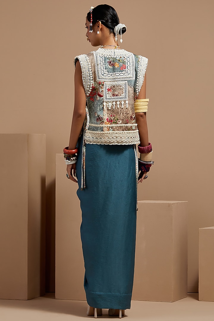 Dull Teal Crushed Silk Skirt Set by ASEEM KAPOOR at Pernia's Pop Up Shop