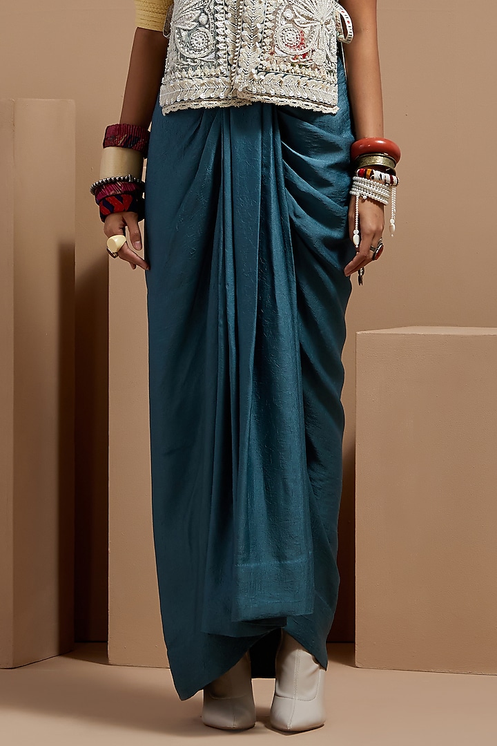 Dull Teal Crushed Silk Skirt Set by ASEEM KAPOOR at Pernia's Pop Up Shop