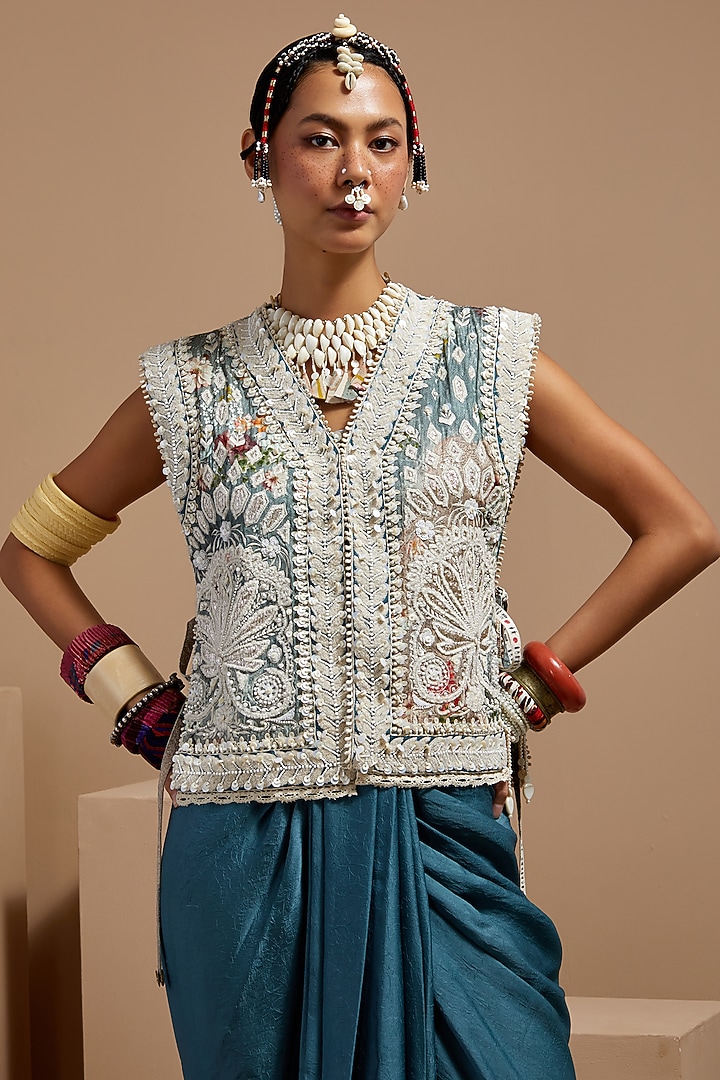 Dull Teal Crushed Silk Skirt Set by ASEEM KAPOOR at Pernia's Pop Up Shop