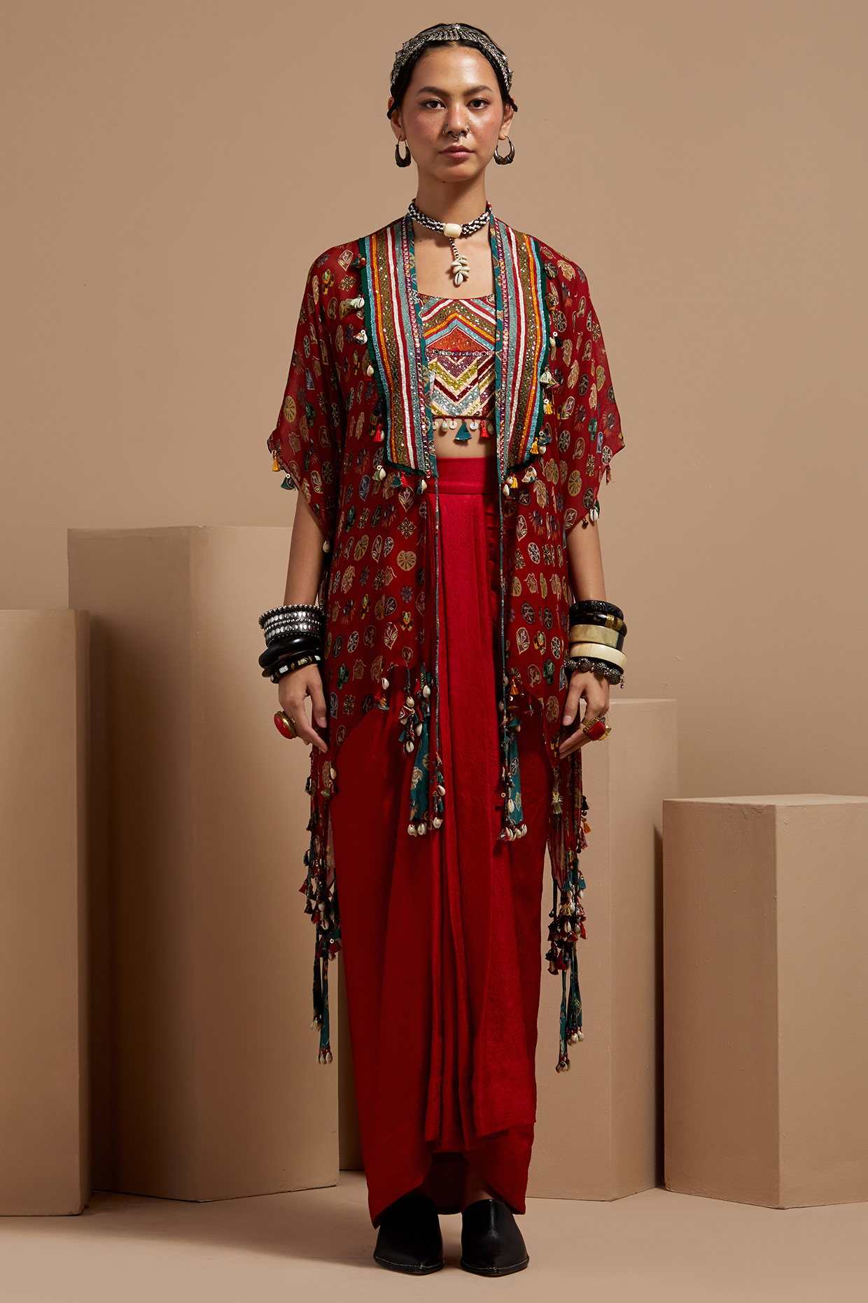 Sindoor Red Sheer Silk Embroidered Jacket Set by ASEEM KAPOOR at Pernia's Pop Up Shop