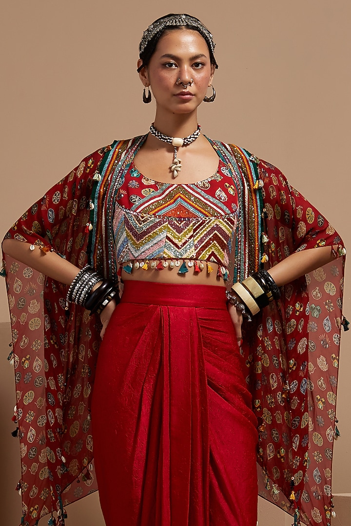Sindoor Red Sheer Silk Embroidered Jacket Set by ASEEM KAPOOR at Pernia's Pop Up Shop
