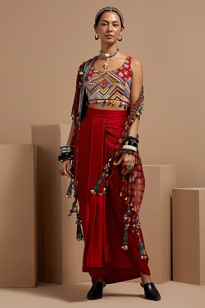 Sindoor Red Sheer Silk Embroidered Jacket Set by ASEEM KAPOOR at Pernia's Pop Up Shop