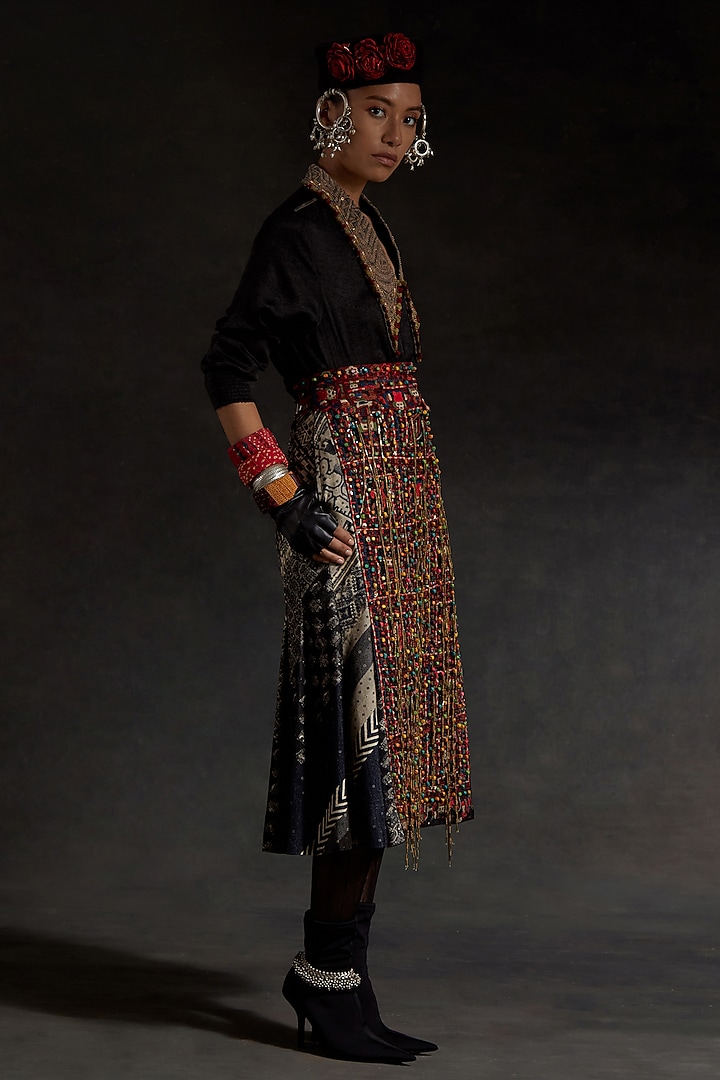 Surmai Black Crushed Silk Textured Shirt by ASEEM KAPOOR at Pernia's Pop Up Shop