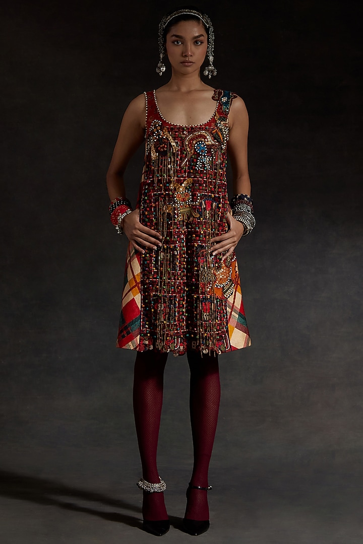Multi-Colored Mushroom Twill Printed & Thread Embroidered Shift Party Wear Dress by ASEEM KAPOOR at Pernia's Pop Up Shop
