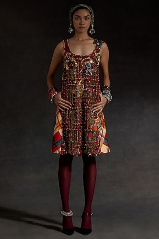 Multi-Colored Mushroom Twill Printed & Thread Embroidered Shift Dress by ASEEM KAPOOR