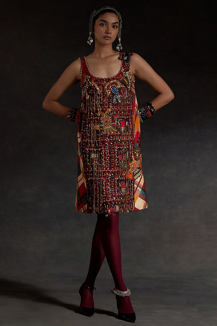 Multi-Colored Mushroom Twill Printed & Thread Embroidered Shift Party Wear Dress by ASEEM KAPOOR at Pernia's Pop Up Shop