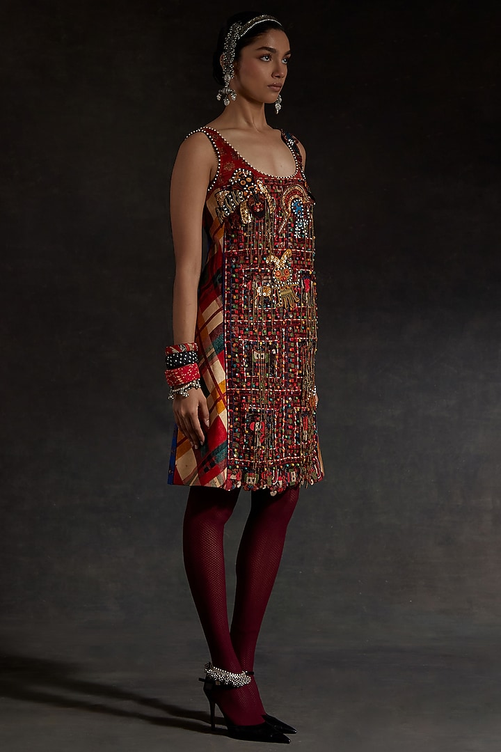 Multi-Colored Mushroom Twill Printed & Thread Embroidered Shift Party Wear Dress by ASEEM KAPOOR at Pernia's Pop Up Shop