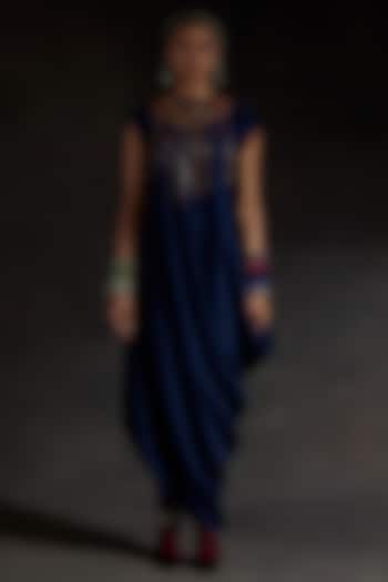 Midnight Blue Crushed Silk Draped Cocktail Dress by ASEEM KAPOOR at Pernia's Pop Up Shop