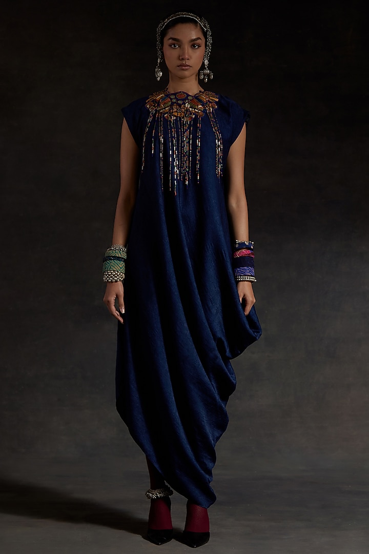 Midnight Blue Crushed Silk Draped Cocktail Dress by ASEEM KAPOOR at Pernia's Pop Up Shop