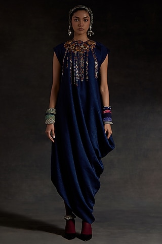 Midnight Blue Crushed Silk Draped Dress by ASEEM KAPOOR