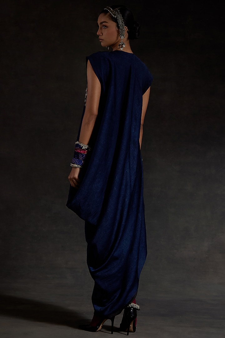 Midnight Blue Crushed Silk Draped Cocktail Dress by ASEEM KAPOOR at Pernia's Pop Up Shop