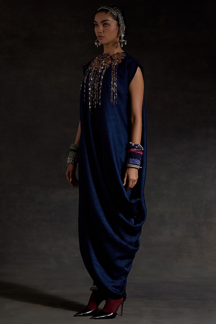 Midnight Blue Crushed Silk Draped Cocktail Dress by ASEEM KAPOOR at Pernia's Pop Up Shop