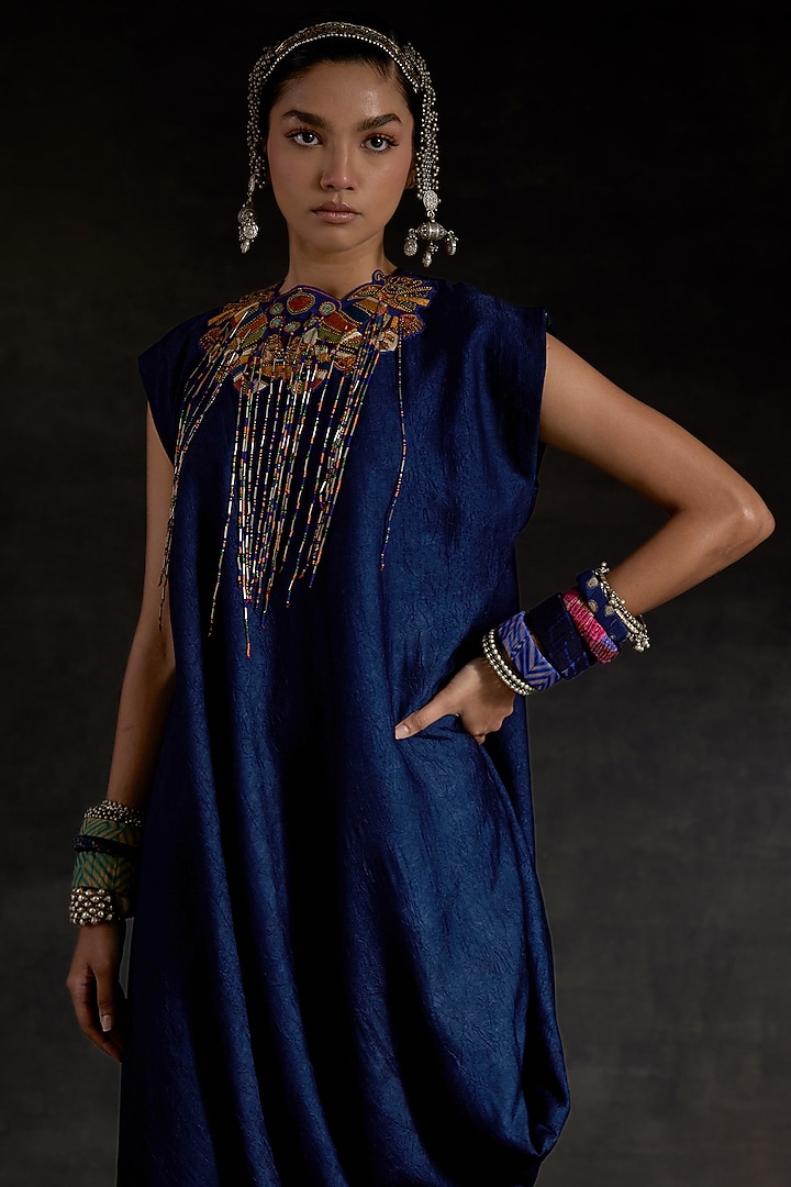 Midnight Blue Crushed Silk Draped Cocktail Dress by ASEEM KAPOOR at Pernia's Pop Up Shop