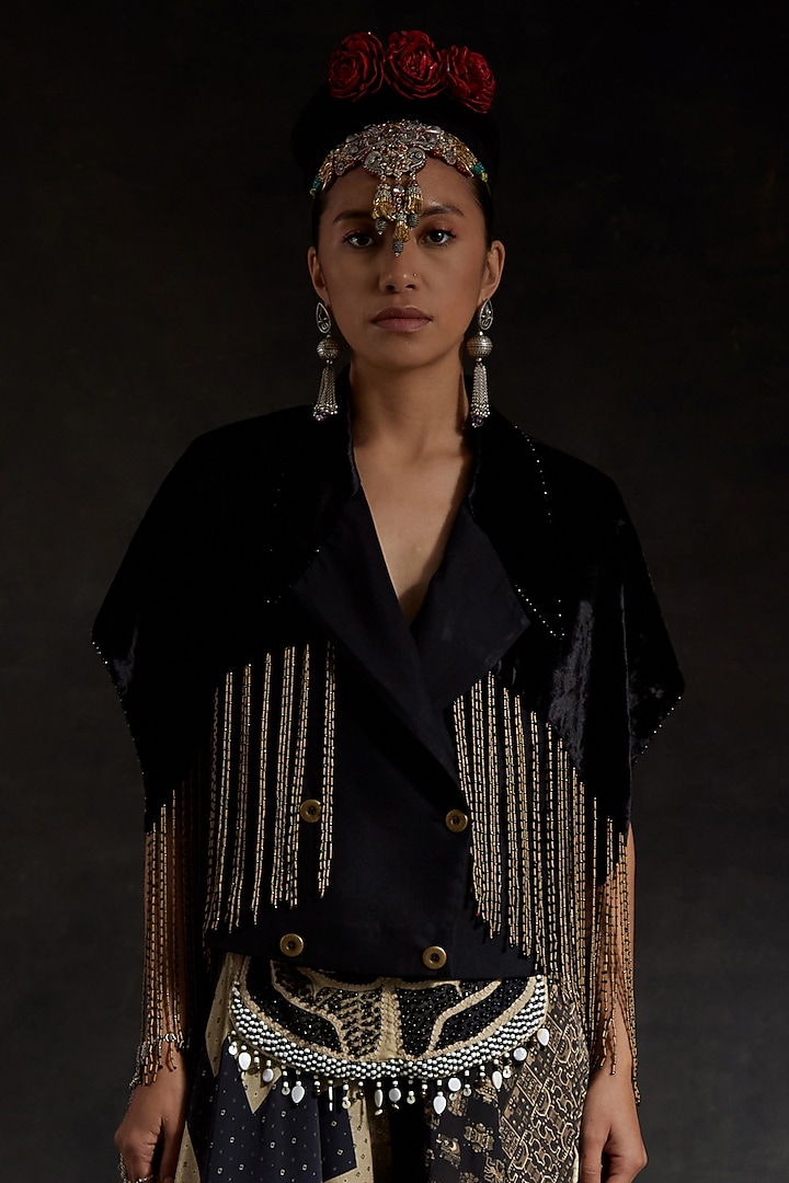 Surmai Black Velvet & Melon Crepe Structured Jacket by ASEEM KAPOOR at Pernia's Pop Up Shop