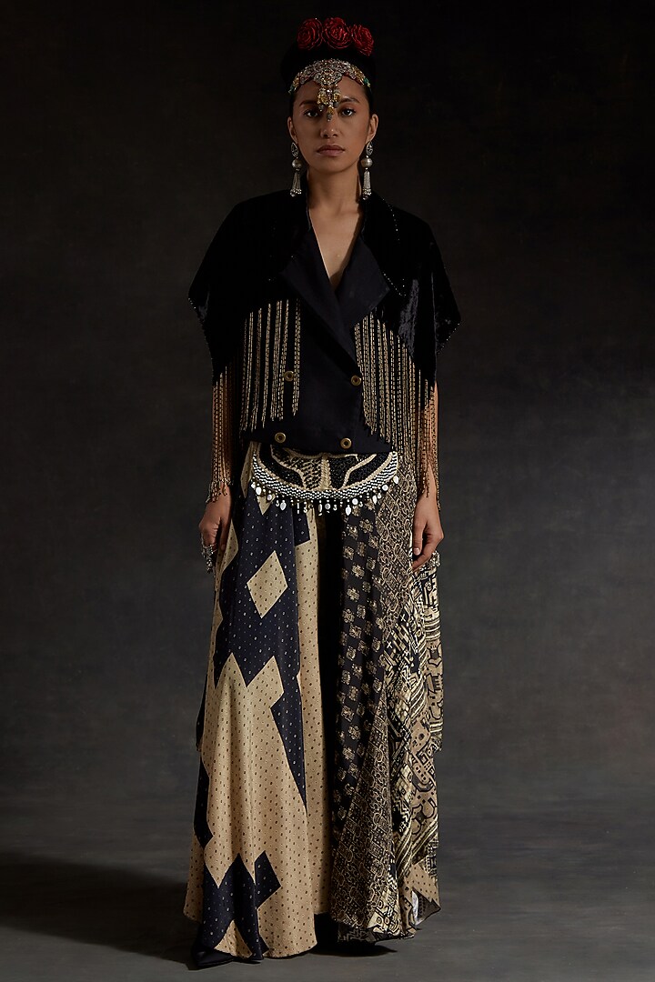 Surmai Black Velvet & Melon Crepe Structured Jacket by ASEEM KAPOOR at Pernia's Pop Up Shop