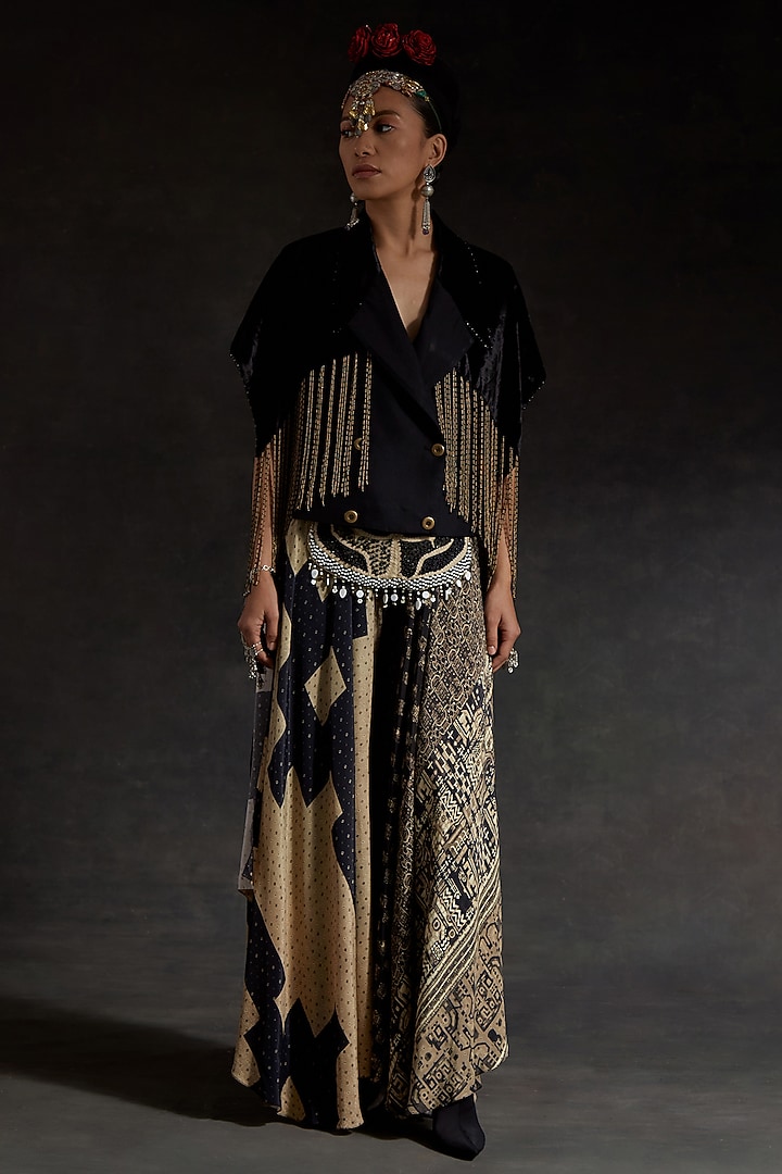 Surmai Black Velvet & Melon Crepe Structured Jacket by ASEEM KAPOOR at Pernia's Pop Up Shop