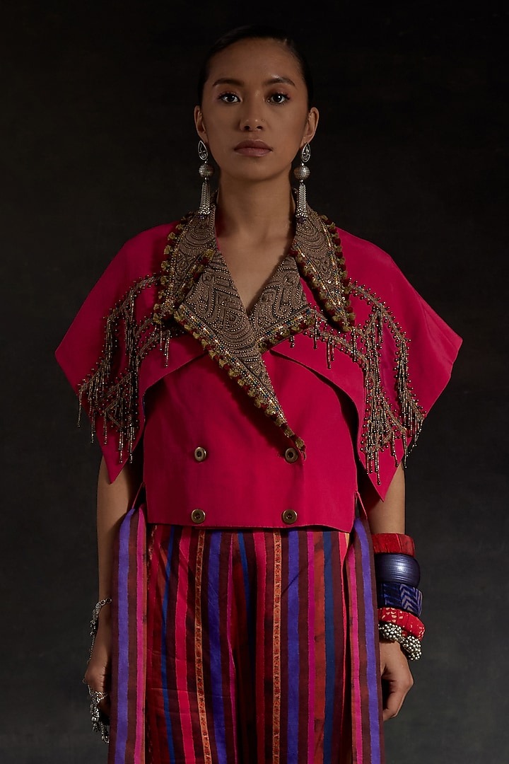 Hot Pink Natural Crepe Zari Embroidered Structured Jacket by ASEEM KAPOOR at Pernia's Pop Up Shop