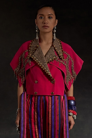 Hot Pink Natural Crepe Zari Embroidered Structured Jacket by ASEEM KAPOOR