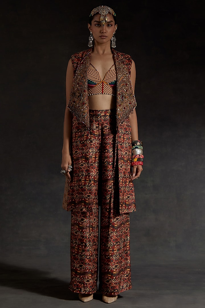 Multi-Colored Mushroom Twill Resham Embroidered Sleeveless Jacket by ASEEM KAPOOR at Pernia's Pop Up Shop