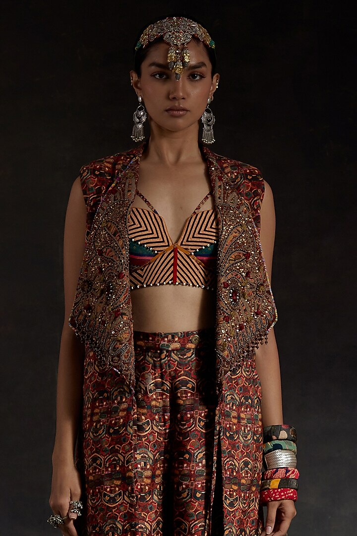 Multi-Colored Mushroom Twill Resham Embroidered Sleeveless Jacket by ASEEM KAPOOR at Pernia's Pop Up Shop