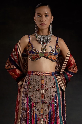 Multi-Colored Natural Crepe Bead Embroidered Blouse by ASEEM KAPOOR