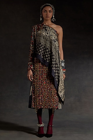 Surmai Black Corduroy Printed Skirt Set by ASEEM KAPOOR