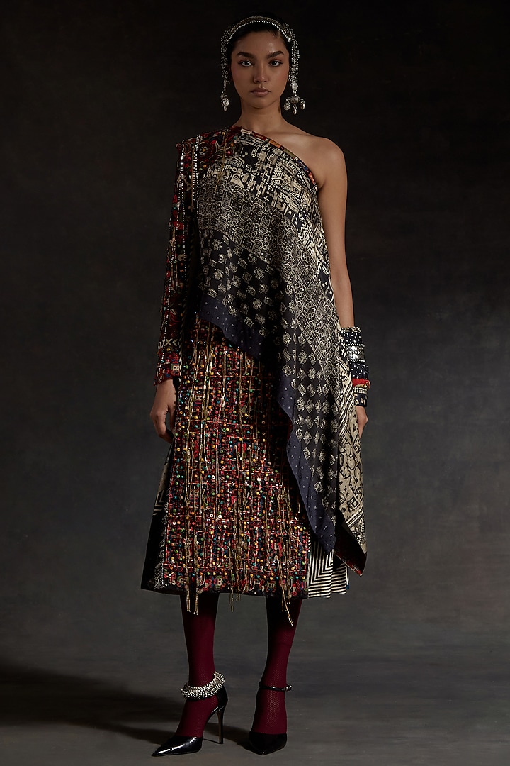 Surmai Black Corduroy Printed Skirt Set by ASEEM KAPOOR at Pernia's Pop Up Shop