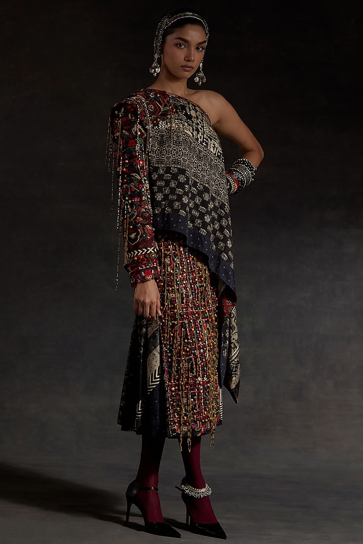 Surmai Black Corduroy Printed Skirt Set by ASEEM KAPOOR at Pernia's Pop Up Shop