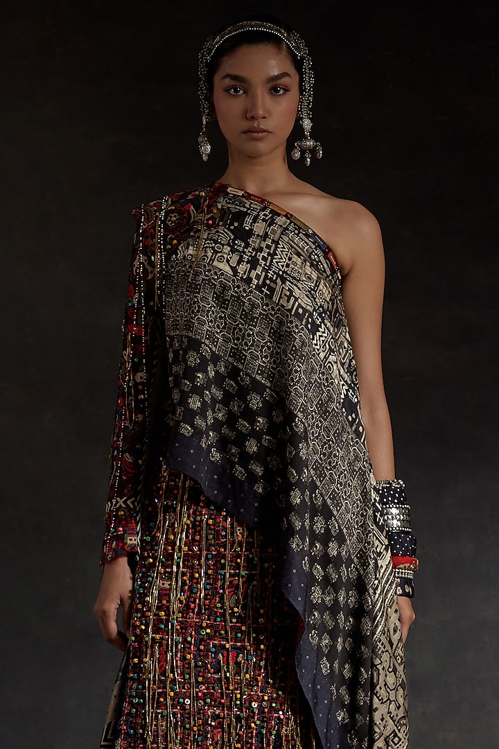 Surmai Black Corduroy Printed Skirt Set by ASEEM KAPOOR at Pernia's Pop Up Shop