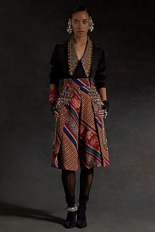 Surmai Black Corduroy Printed & Embroidered Skirt Set by ASEEM KAPOOR