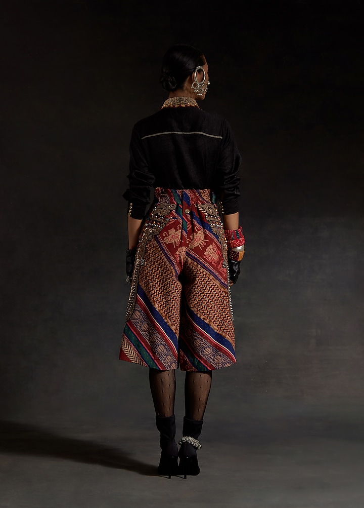 Surmai Black Corduroy Printed & Embroidered Skirt Set by ASEEM KAPOOR at Pernia's Pop Up Shop