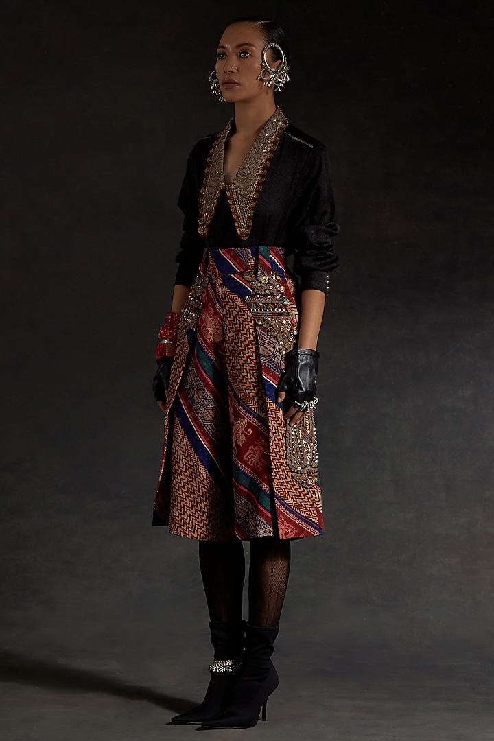 Surmai Black Corduroy Printed & Embroidered Skirt Set by ASEEM KAPOOR at Pernia's Pop Up Shop