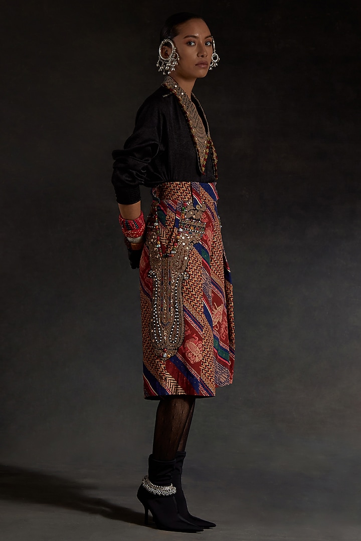 Surmai Black Corduroy Printed & Embroidered Skirt Set by ASEEM KAPOOR at Pernia's Pop Up Shop