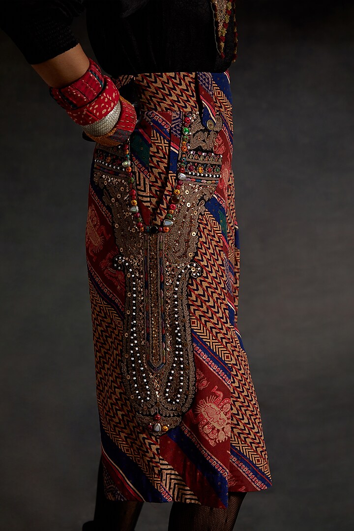 Surmai Black Corduroy Printed & Embroidered Skirt Set by ASEEM KAPOOR at Pernia's Pop Up Shop