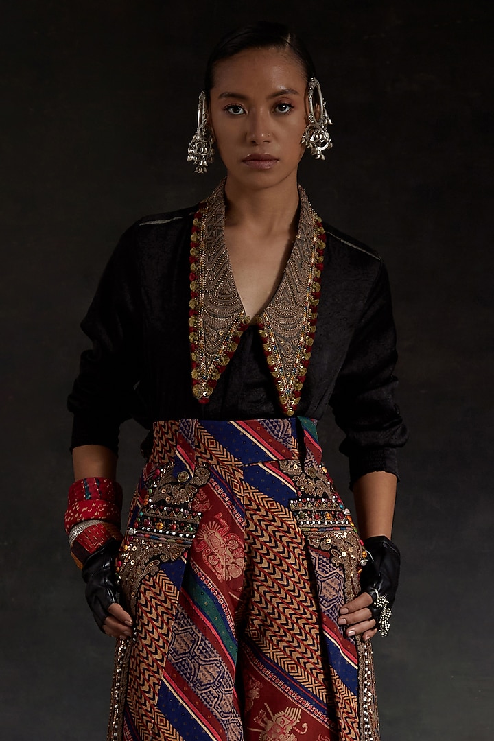 Surmai Black Corduroy Printed & Embroidered Skirt Set by ASEEM KAPOOR at Pernia's Pop Up Shop