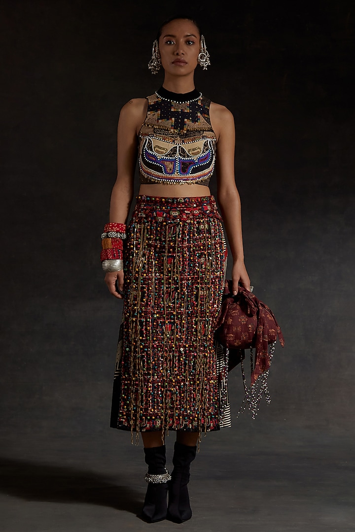 Surmai Black Corduroy Resham Embroidered Skirt Set by ASEEM KAPOOR at Pernia's Pop Up Shop