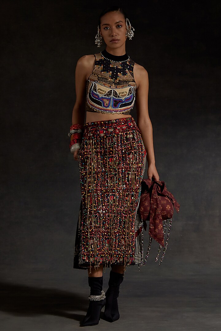 Surmai Black Corduroy Resham Embroidered Skirt Set by ASEEM KAPOOR at Pernia's Pop Up Shop