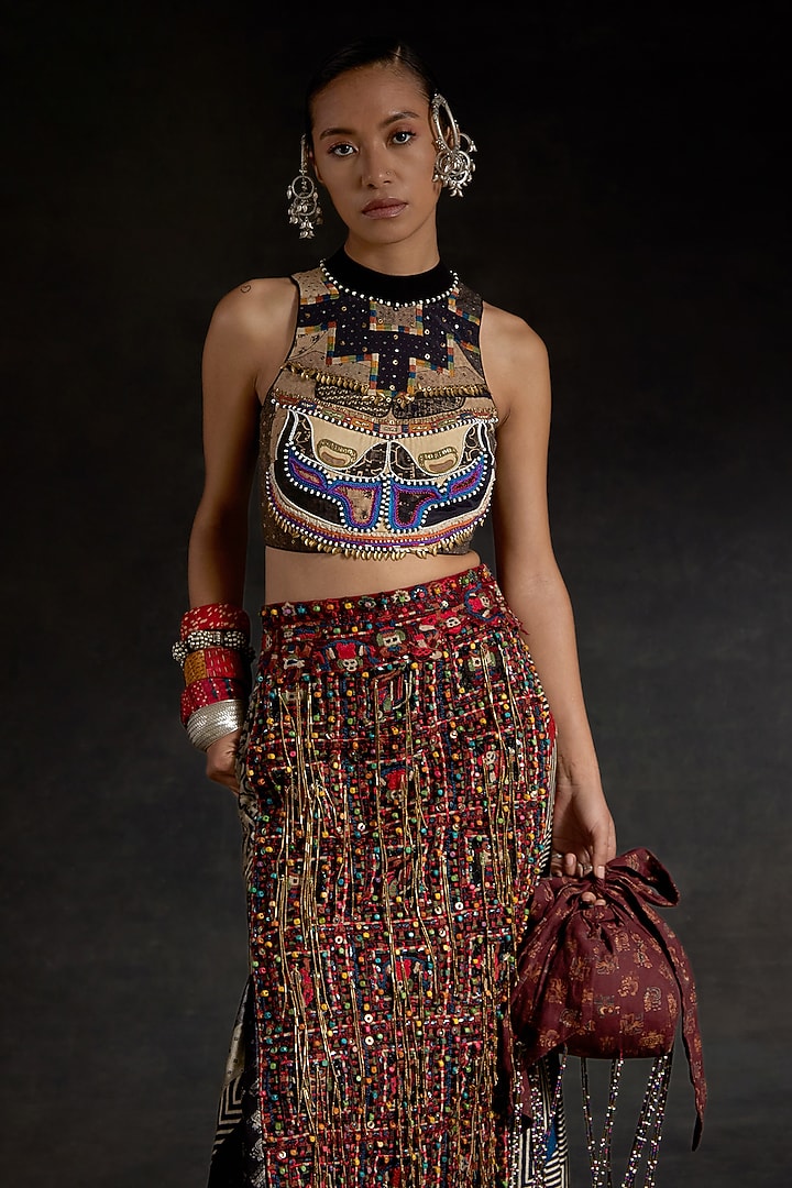 Surmai Black Corduroy Resham Embroidered Skirt Set by ASEEM KAPOOR at Pernia's Pop Up Shop