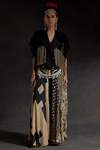 Surmai Black Natural Crepe Printed Skirt Set by ASEEM KAPOOR