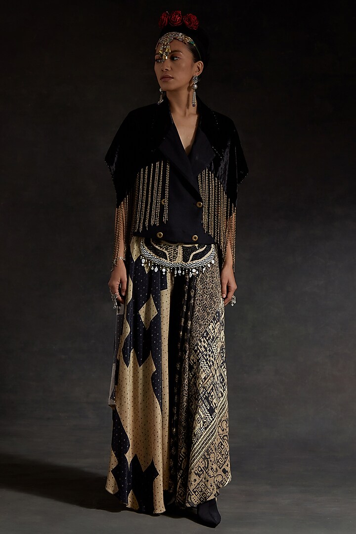 Surmai Black Natural Crepe Printed Skirt Set by ASEEM KAPOOR at Pernia's Pop Up Shop