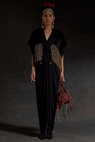 Surmai Black Melon Crepe Skirt Set by ASEEM KAPOOR