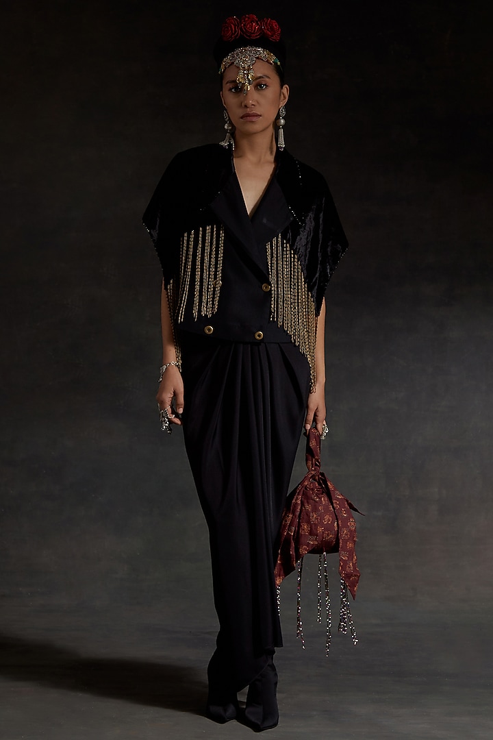 Surmai Black Melon Crepe Skirt Set by ASEEM KAPOOR at Pernia's Pop Up Shop