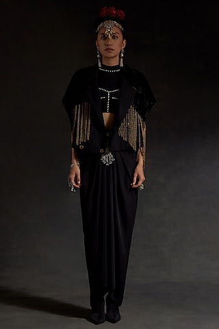 Surmai Black Bercan Dobby Skirt Set by ASEEM KAPOOR